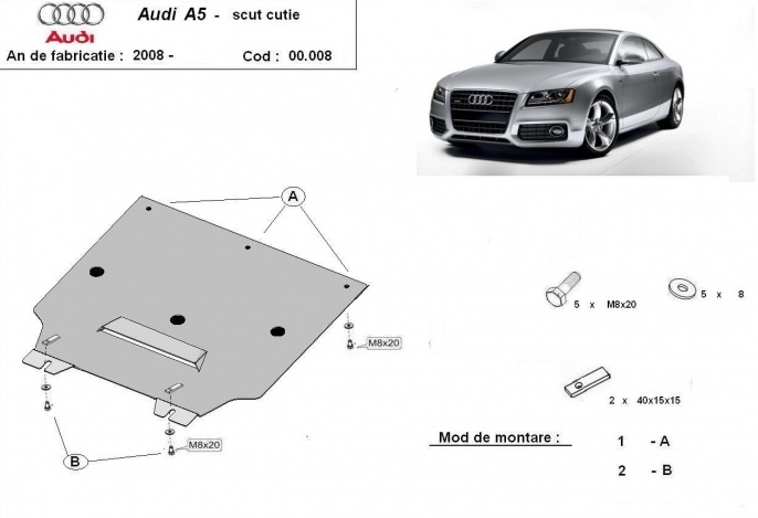 Ocelový kryt převodovky pro Audi A5 2008 - 2016, všechny motory