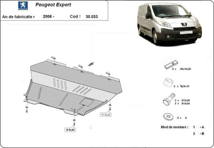 Ocelový kryt olejové vany pro ochranu motoru a převodovky pro Peugeot Expert 2006 - 2016, všechny motory