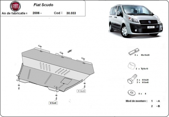 Ocelový kryt olejové vany pro ochranu motoru a převodovky pro Fiat Scudo 2006 - 2016, všechny motory