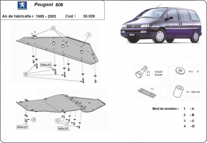 Ocelový kryt olejové vany pro Peugeot 806 1995 - 2003, všechny motory