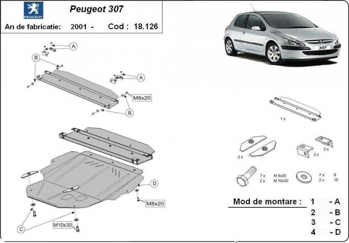 Ocelový kryt olejové vany pro Peugeot 307 2001 - 2008, všechny motory