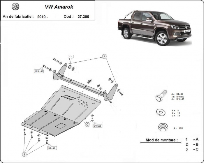 Ocelový kryt olejové vany pro Volkswagen Amarok 2010 - 2022, 2.0L, 3.0L