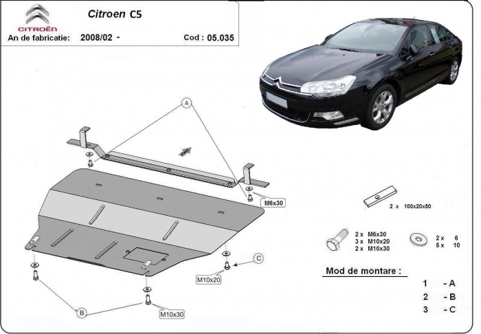 Ocelový kryt olejové vany pro Citroen C5 2008 - 2020, 1.6, 1.8, 2.0, HDI