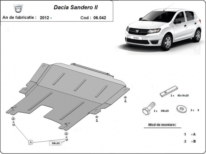 Ocelový kryt olejové vany pro Dacia Sandero 2 2012 - 2020, všechny motory