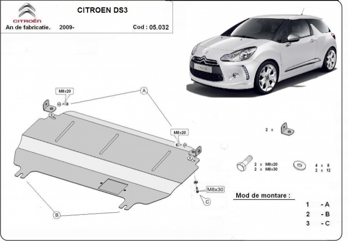 Ocelový kryt olejové vany pro Citroen DS3 2009 - 2026, 1.1,1.2, 1.4, 1.6, 1.6 HDI