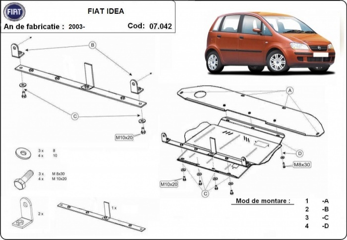 Ocelový kryt olejové vany pro ochranu motoru, převodovky a diferenciálu pro Fiat Idea 2003 - 2012, všechny motory
