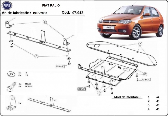 Ocelový kryt olejové vany pro ochranu motoru, převodovky a diferenciálu pro Fiat Palio 1996 - 2003, všechny motory