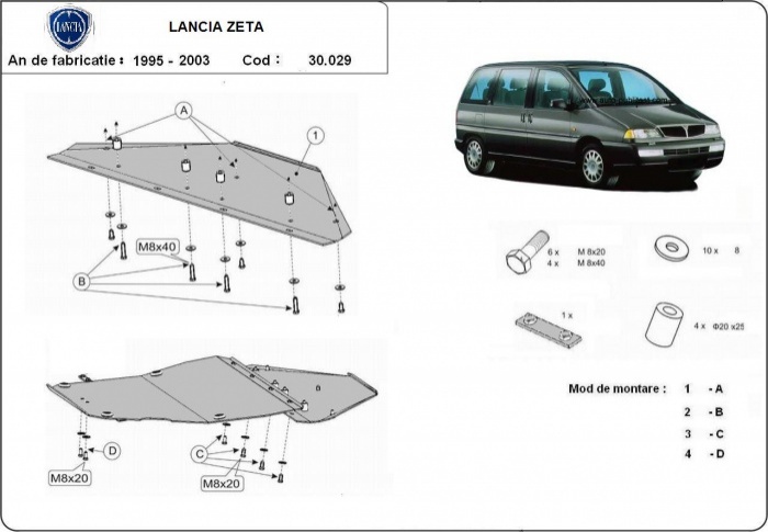 Ocelový kryt olejové vany pro ochranu motoru a převodovky pro Lancia Zeta 1995 - 2003, všechny motory