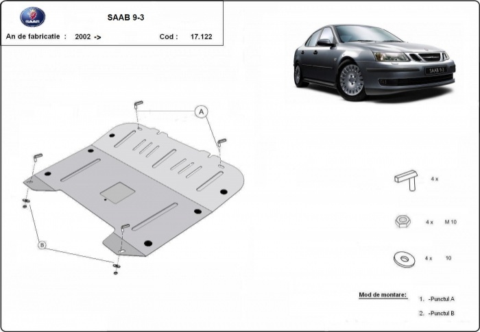 Ocelový kryt olejové vany pro ochranu motoru a převodovky pro Saab 9-3 2002 - 2012, všechny motory