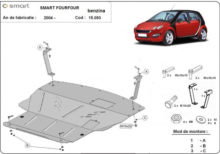 Ocelový kryt olejové vany pro ochranu motoru a převodovky pro Smart ForFour benzínový motor 2004 - 2006, essence