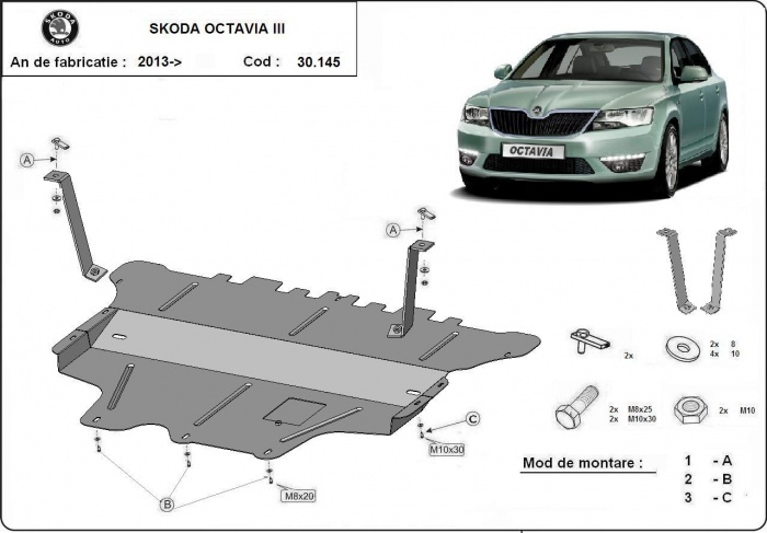 Ocelový kryt olejové vany pro ochranu motoru a převodovky pro vůz Škoda Octavia 3 - manuální převodovka 2013 - 2019, všechny motory