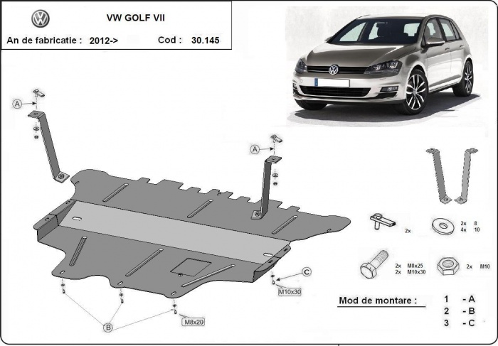 Ocelový kryt olejové vany pro ochranu motoru a převodovky pro VW Golf 7 - manuální převodovka 2012 - 2020, všechny motory