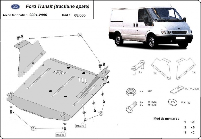 Ocelový kryt olejové vany pro ochranu motoru a převodovky pro Ford Transit - pohon zadních kol 2001 - 2006, všechny motory
