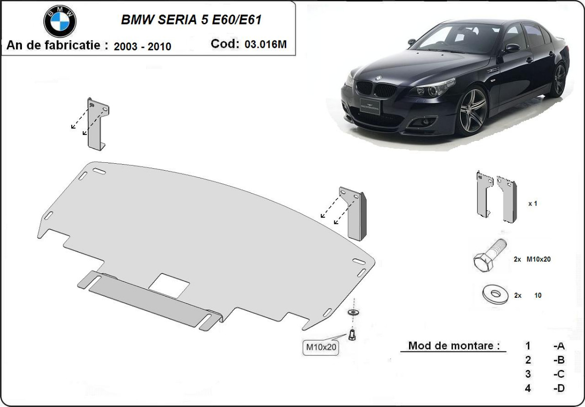 Ocelový kryt podvozku pro standardní přední nárazník M BMW Seria 5 E60/E61 2003 - 2010, Unknown