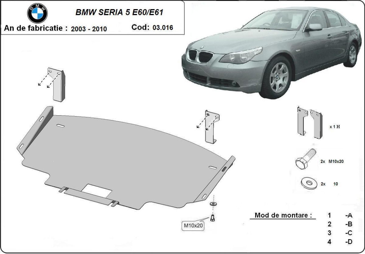Ocelový kryt podvozku pro standardní přední nárazník BMW Seria 5 E60/E61 2003 - 2010, E60; E61