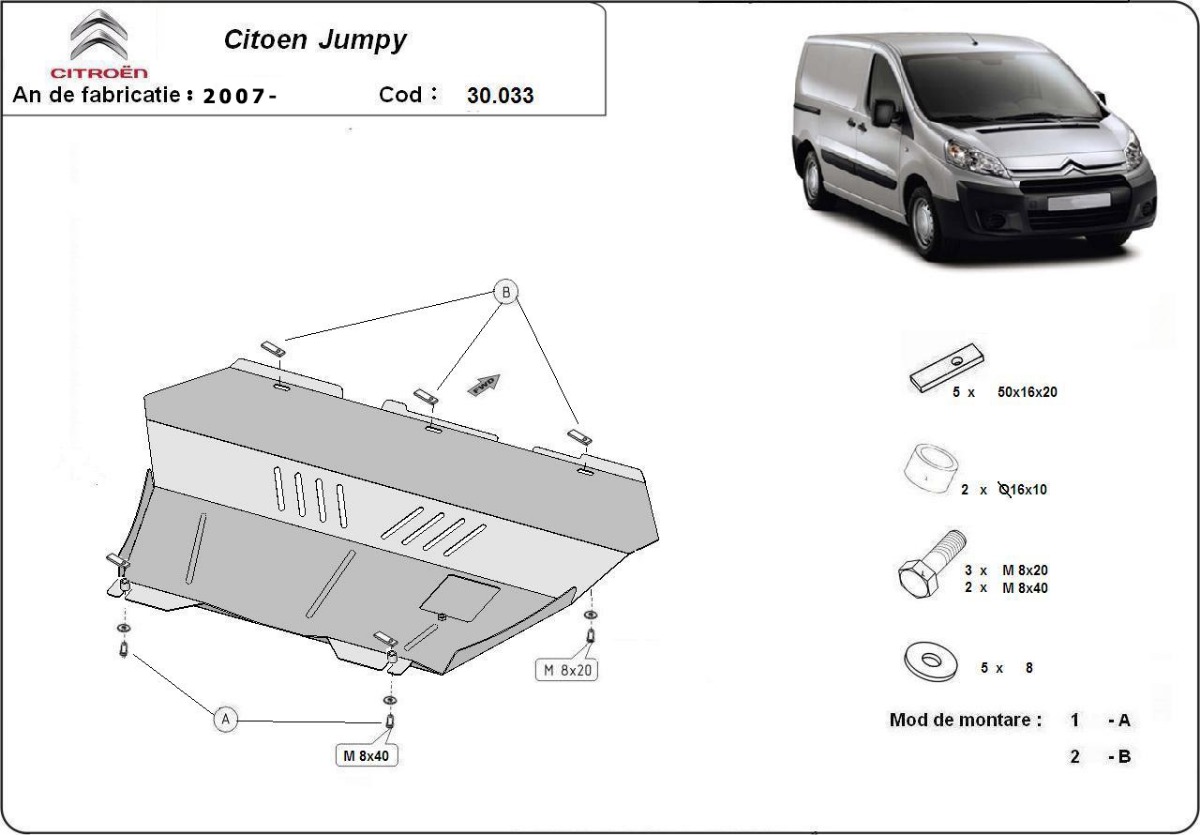 Ocelový kryt olejové vany pro ochranu motoru a převodovky pro Citroen Jumpy 2007 - 2016, všechny motory