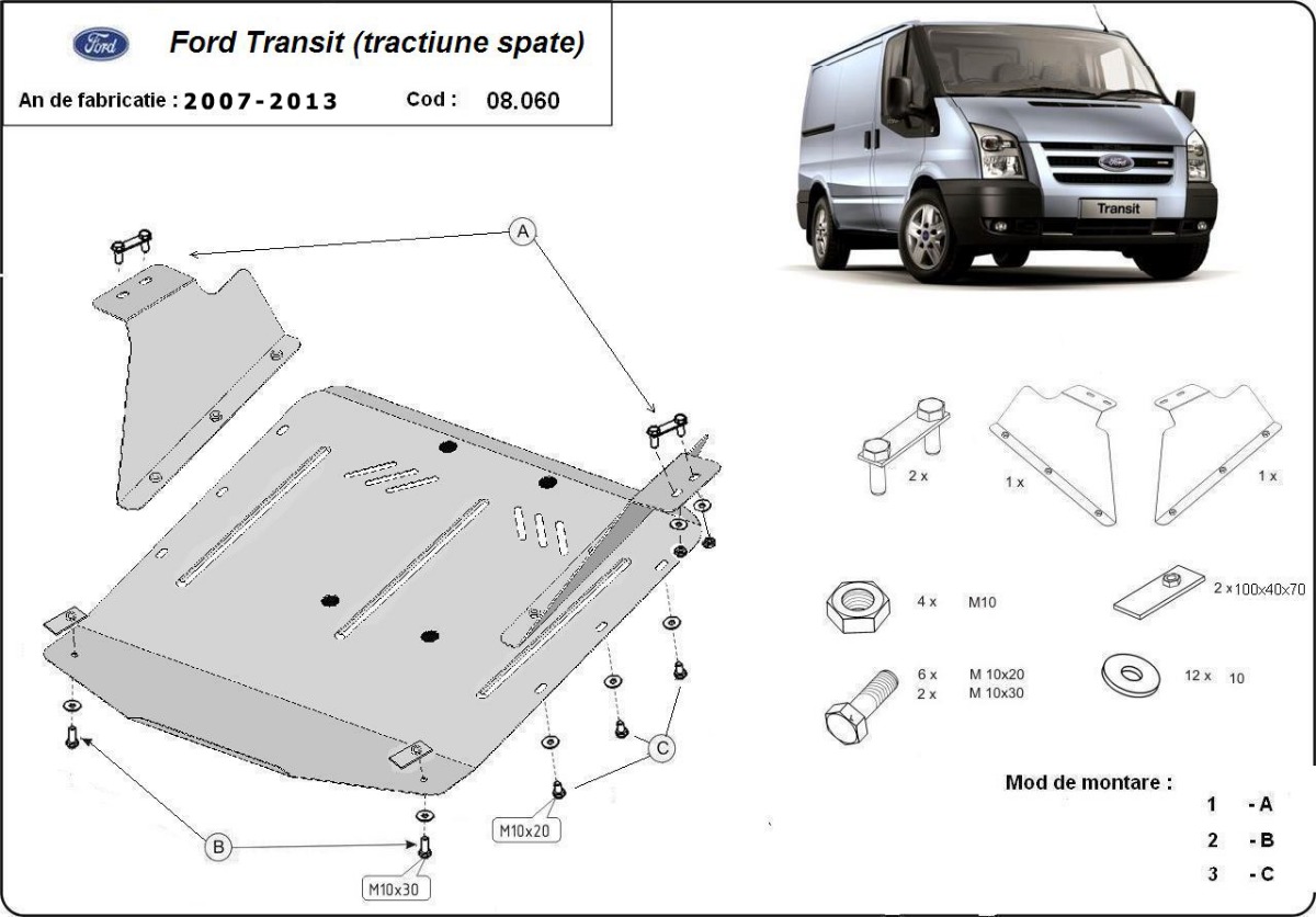 Ocelový kryt olejové vany pro Ford Transit - pohon zadních kol 2007 - 2013, všechny motory
