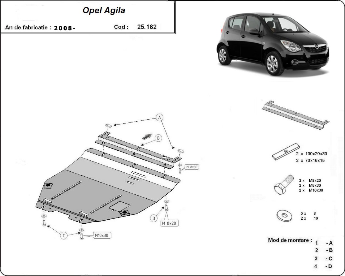 Ocelový kryt olejové vany pro Vauxhall Agila (H08) 2007 - 2014, všechny motory