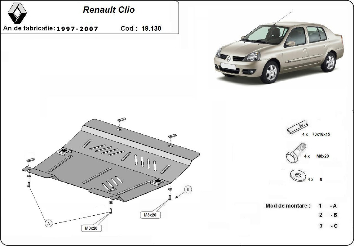 Ocelový kryt olejové vany pro Renault Clio 2 1997 - 2007, všechny motory