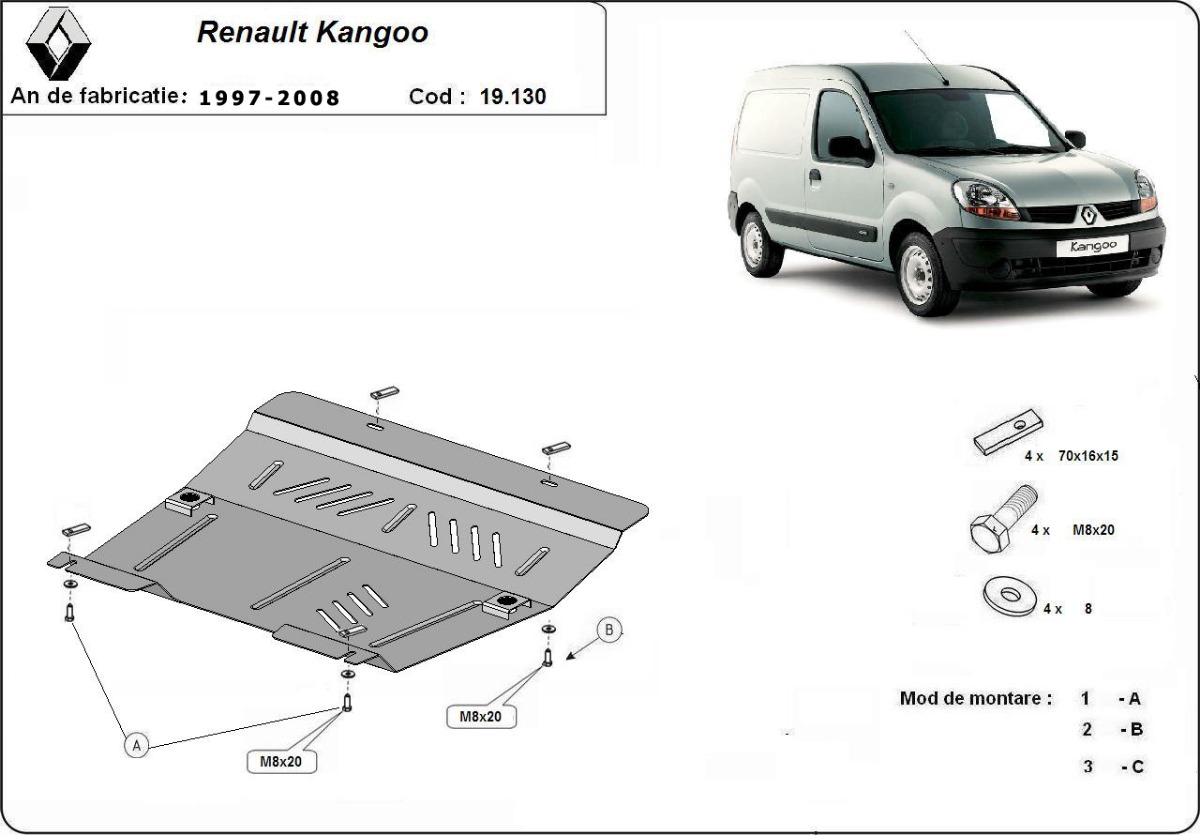 Ocelový kryt olejové vany pro Renault Kangoo 1997 - 2008, všechny motory