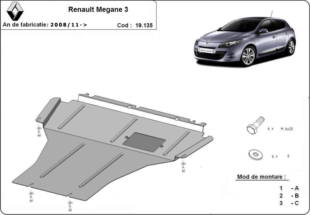Ocelový kryt olejové vany pro ochranu motoru a převodovky pro Renault Megane 3 2008 - 2017, všechny motory