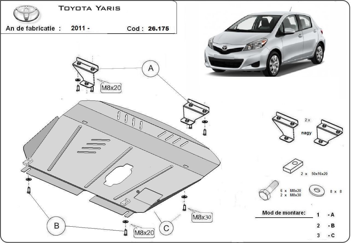 Ocelový kryt olejové vany pro Toyota Yaris 2011 - 2020, XP130, všechny motory type, hibrid