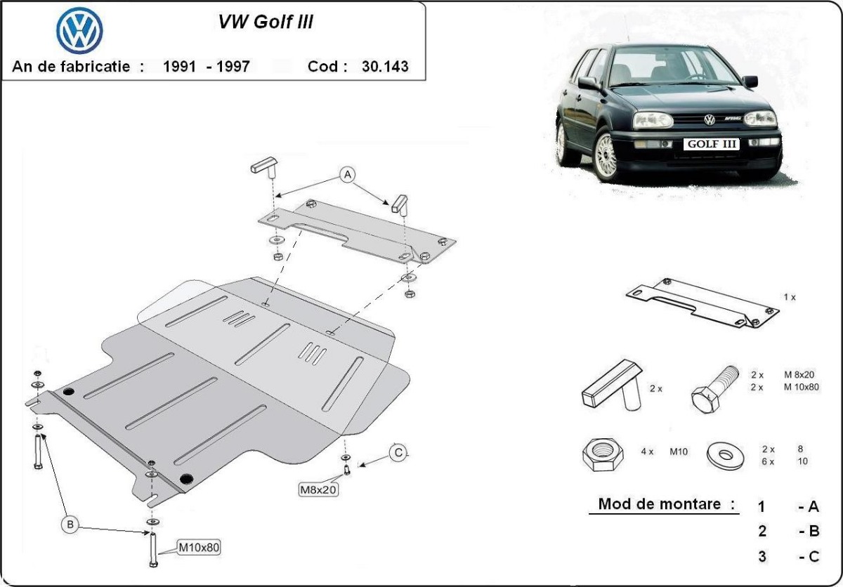 Ocelový kryt olejové vany pro VW Golf 3 1991 - 1998, 1.4, 1.6, 1.9 D