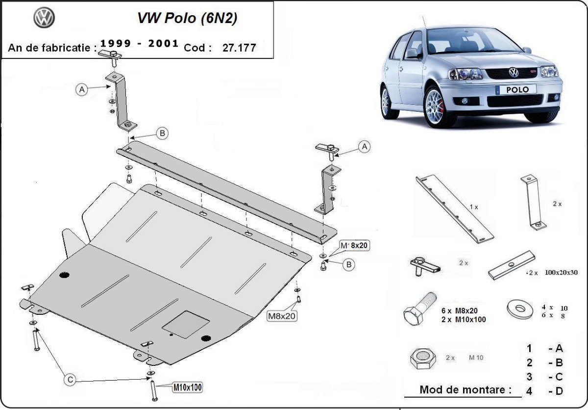 Ocelový kryt olejové vany pro ochranu motoru a převodovky pro VW Polo 6n2 1999 - 2001, 1.0, 1.2, 1.4, 1.6