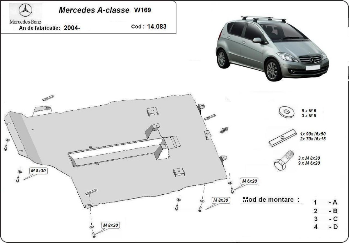 Ocelový kryt olejové vany pro ochranu motoru, převodovky a diferenciálu pro Mercedes třídy A W169 2004 - 2012, všechny motory