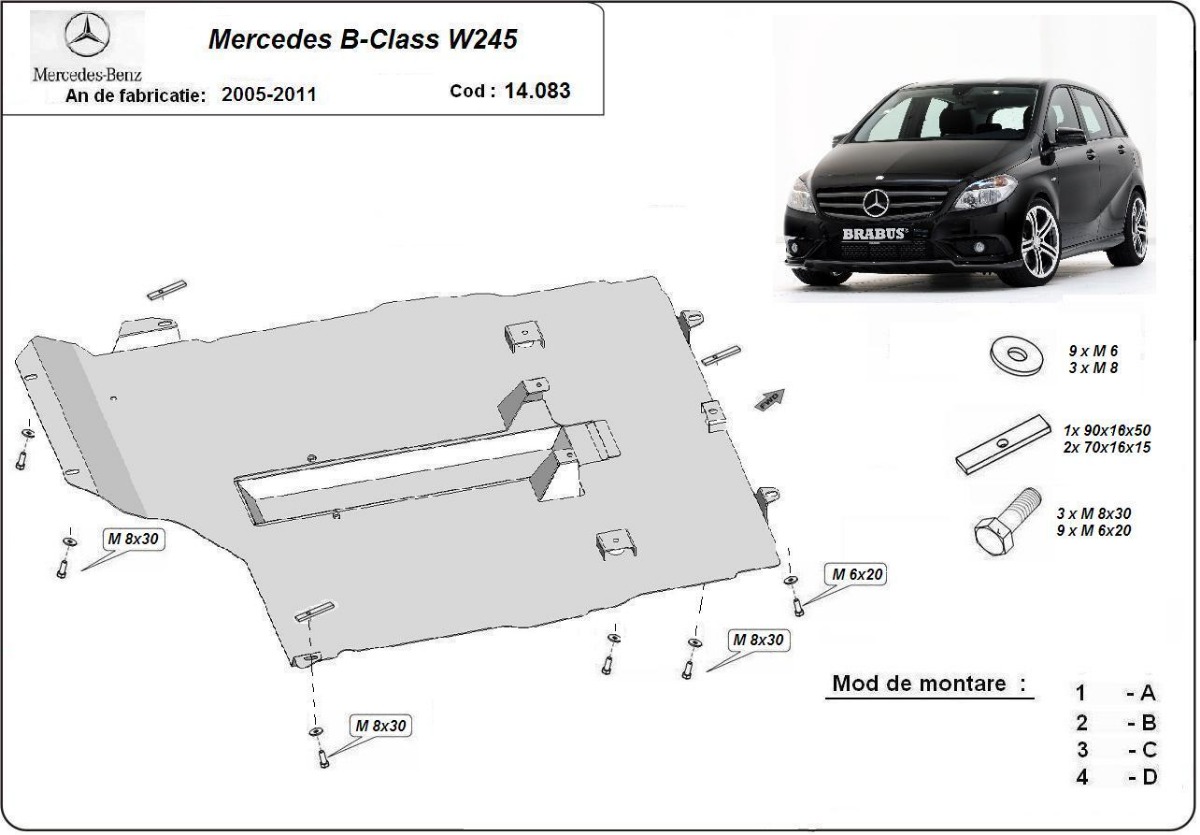 Ocelový kryt olejové vany pro ochranu motoru a převodovky pro Mercedes třídy B W245 2005 - 2011, všechny motory