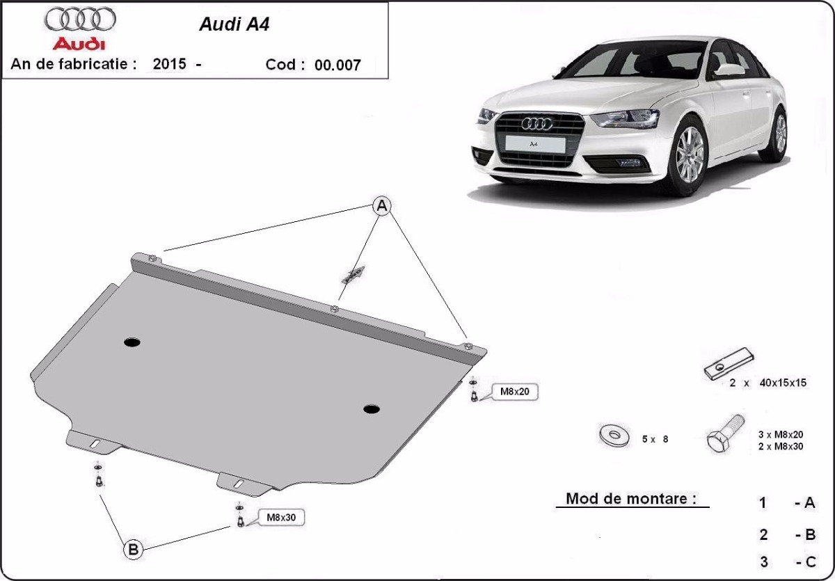 Ocelový kryt převodovky pro Audi A4 B9 2015 - 2026, všechny motory