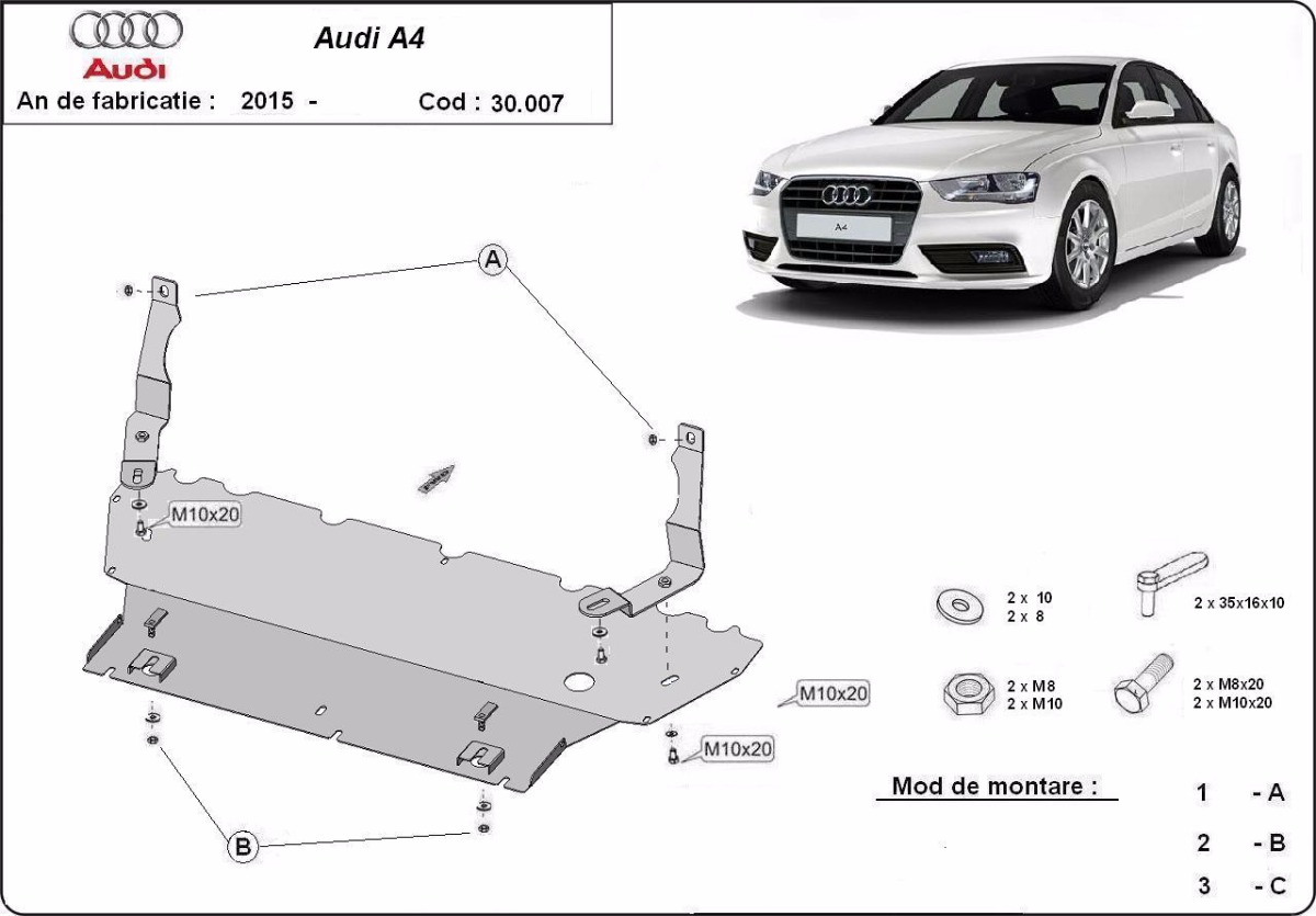 Ocelový kryt olejové vany pro Audi A4 B9 2015 - 2026, všechny motory
