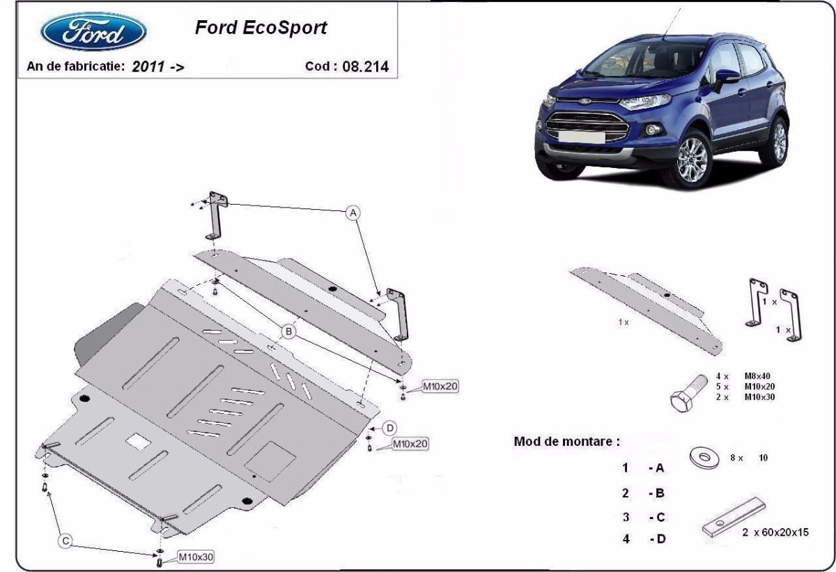Ocelový kryt olejové vany pro ochranu motoru a převodovky pro Ford EcoSport 2011 - 2017, Unknown