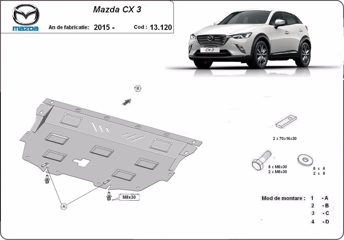 Ocelový kryt olejové vany pro Mazdu CX3 2015 - 2026, všechny motory