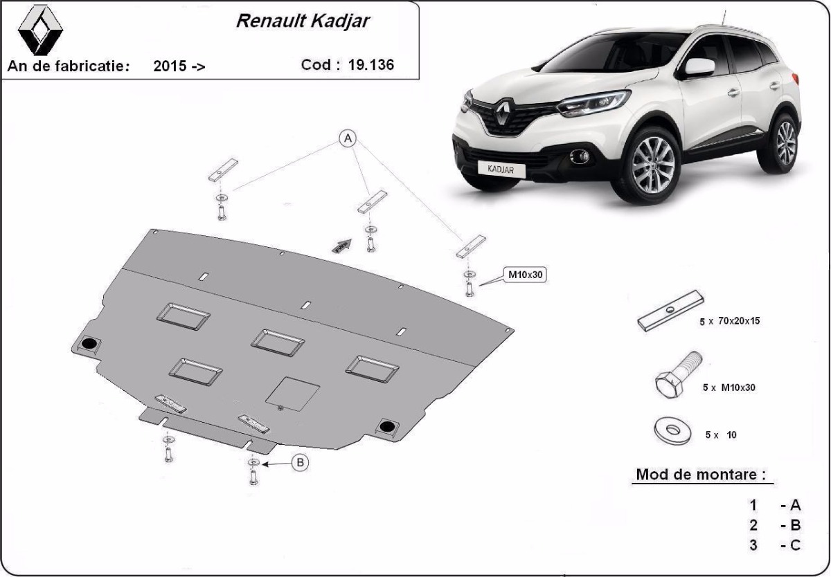 Ocelový kryt olejové vany pro Renault Kadjar 2015 - 2022, všechny motory
