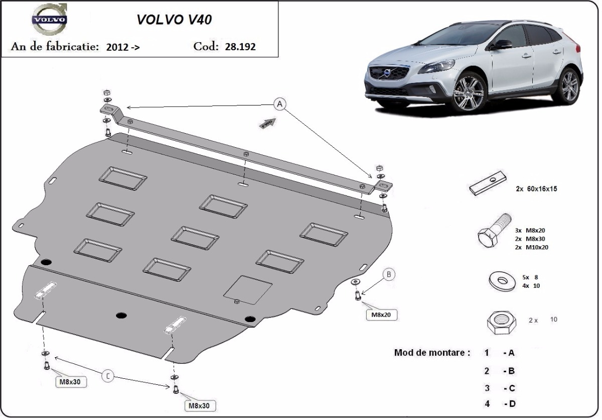 Ocelový kryt olejové vany pro Volvo V40 2012 - 2019, všechny motory