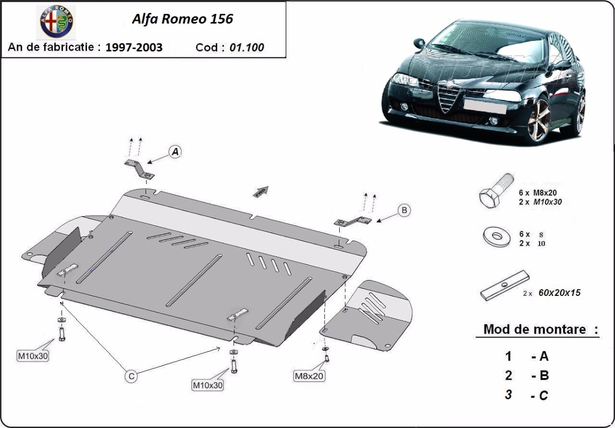 Ocelový kryt olejové vany pro Alfa Romeo 156 1997 - 2003, všechny motory