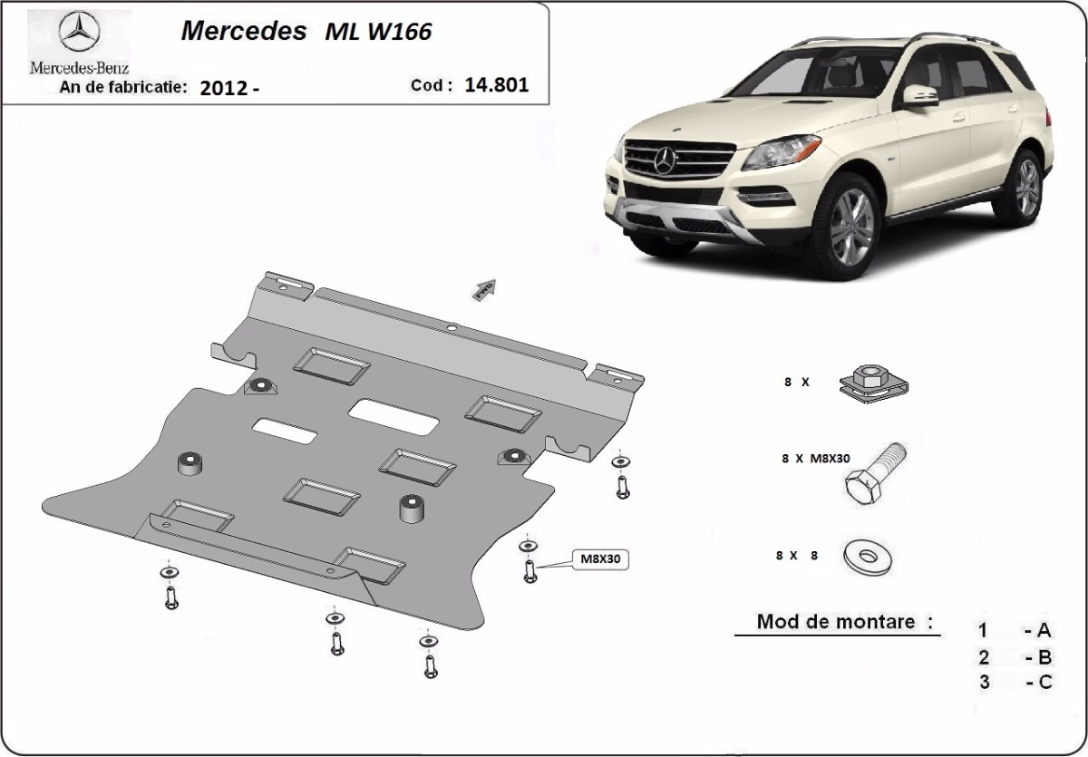 Ocelový kryt olejové vany pro Mercedes ML W166 2011 - 2019, všechny motory