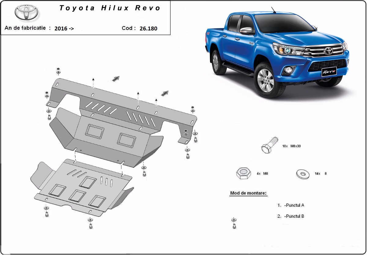 Ocelový kryt olejové vany pro ochranu motoru a chladiče pro Toyota Hilux Revo 2016 - 2026, všechny motory
