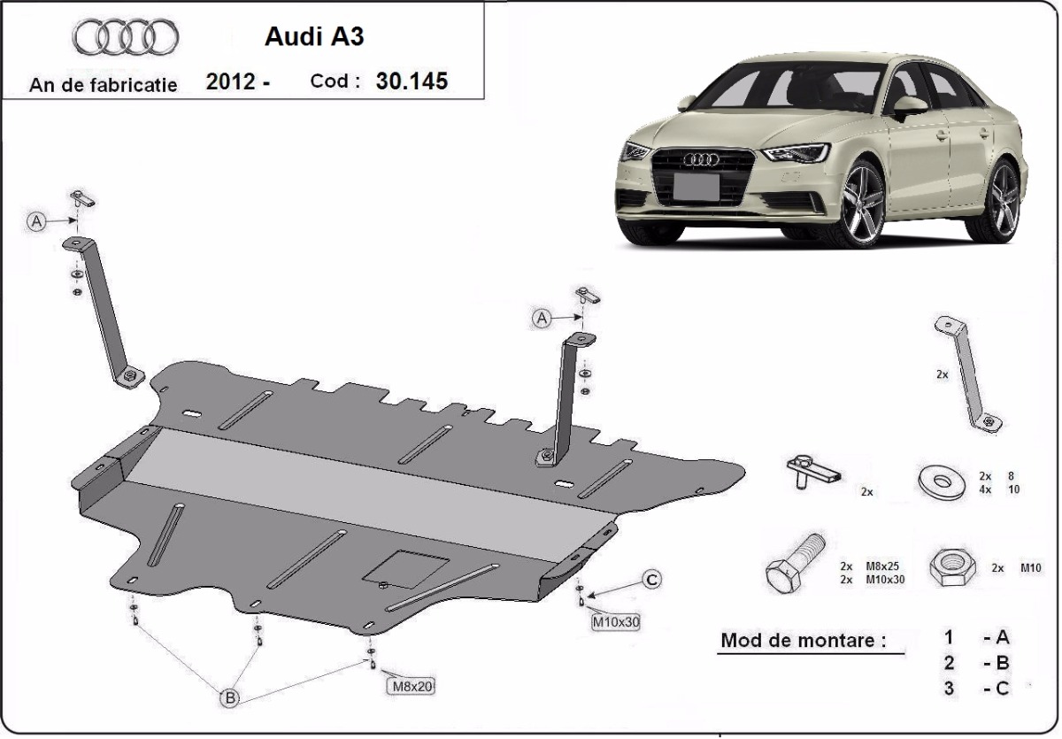 Ocelový kryt olejové vany pro Audi A3 (8V) 2012 - 2020, všechny motory
