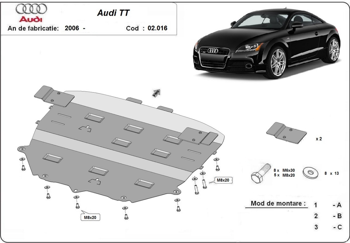 Ocelový kryt olejové vany pro Audi TT 2006 - 2014, všechny motory