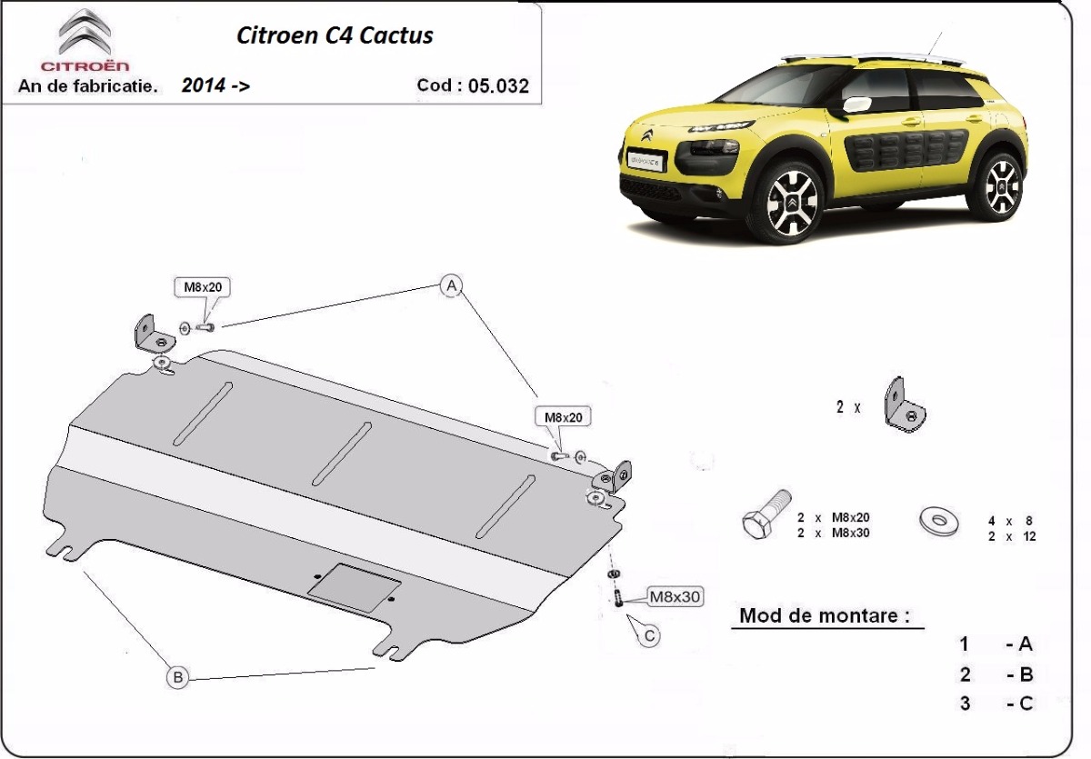Ocelový kryt olejové vany pro Citroen C4 Cactus 2014 - 2020, všechny motory