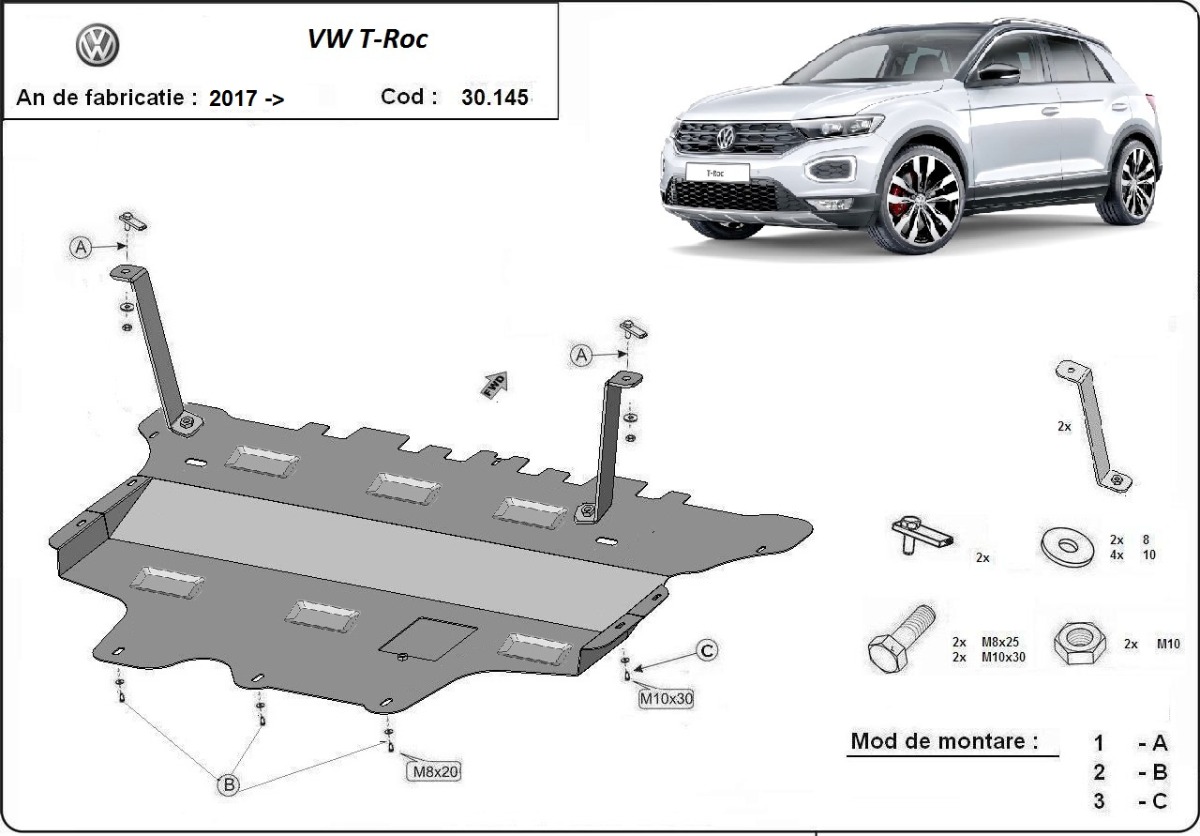 Ocelový kryt olejové vany pro Volkswagen T-Roc - manuální převodovka 2017 - 2026, všechny motory