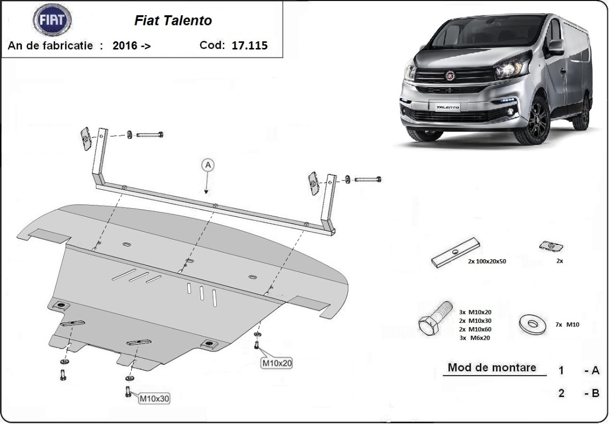 Ocelový kryt olejové vany pro Fiat Talento 2016 - 2021, všechny motory