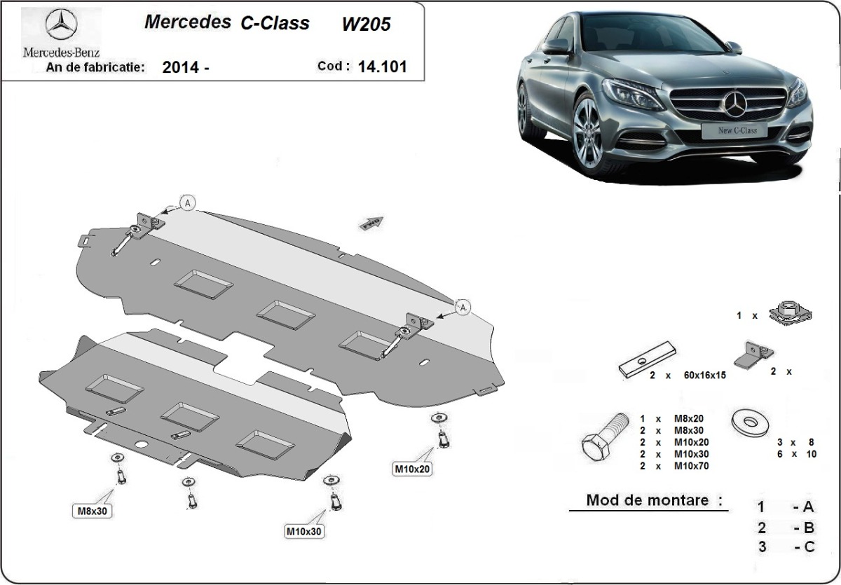 Ocelový kryt olejové vany pro Mercedes třídy C W205 2014 - 2021, 4x2
