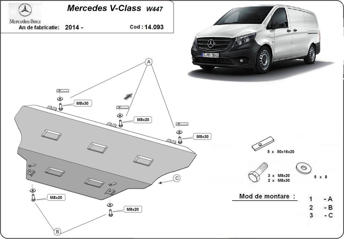 Ocelový kryt olejové vany pro Mercedes třídy V W447, 4x2, 1.6 D 2014 - 2026, 4x2, 1.6 D