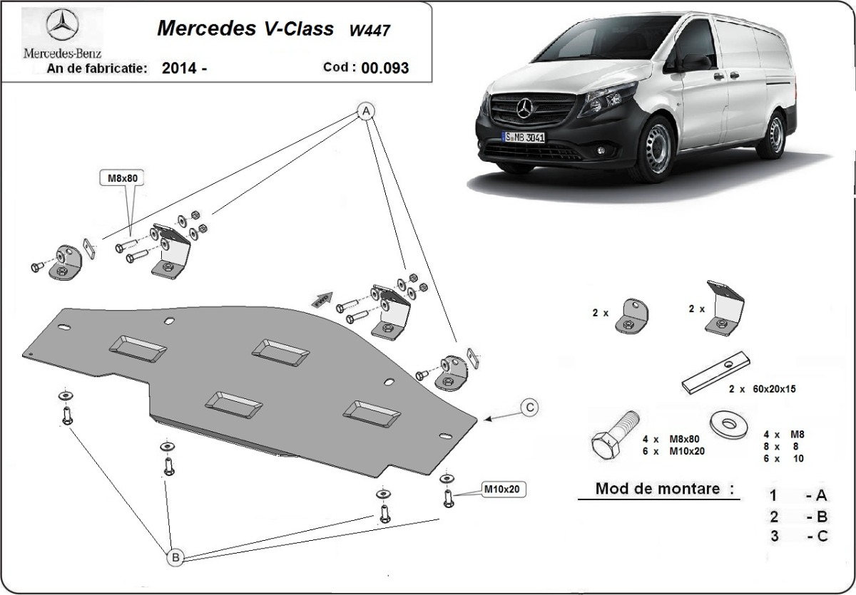 Ocelový kryt olejové vany pro ochranný systém Stop&Go Mercedes V-Classe W447, 4x2, 1.6 D 2014 - 2026, 4x2, 1.6 D