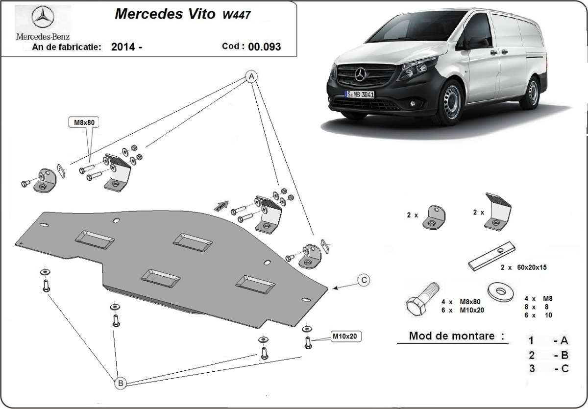 Ocelový kryt olejové vany pro ochranu systému Stop&Go Mercedes Vito W447, 4x2, 1.6 D 2014 - 2026, 4x2, 1.6 D