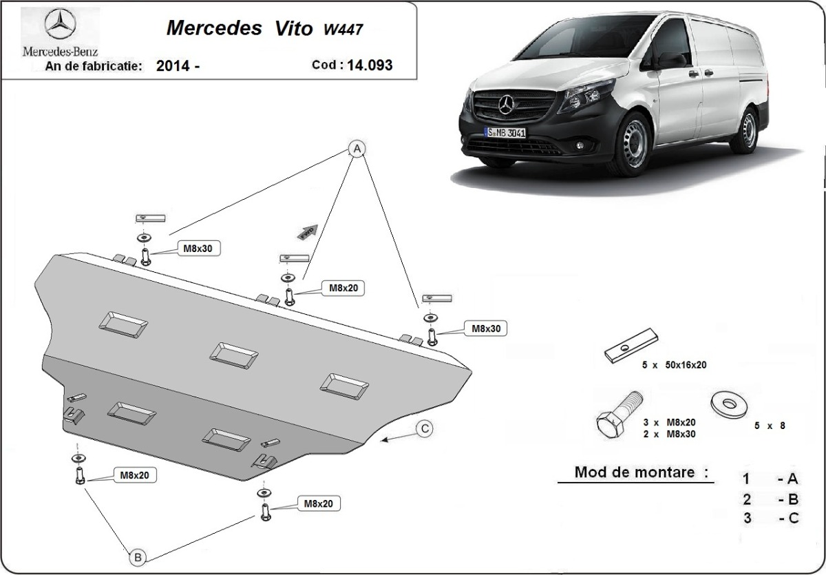 Ocelový kryt olejové vany pro Mercedes Vito W447, 4x2, 1.6 D 2014 - 2026, 4x2, 1.6 D