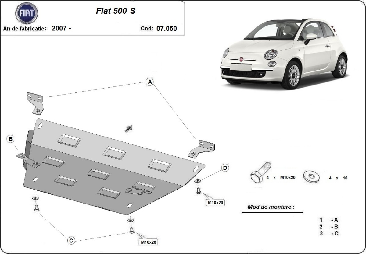 Ocelový kryt olejové vany pro Fiat 500 S 2007 - 2026, všechny motory